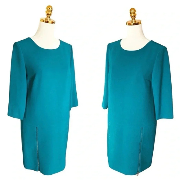 ANN TAYLOR | Women’s Teal Green Shift Dress 3/4 Sleeve Front Zippers Size 2 - Picture 4 of 15